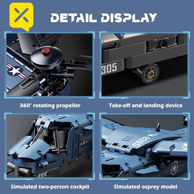 Building block toy, Osprey fighter jet, rotating wing details restored, military assembly model, children's gift