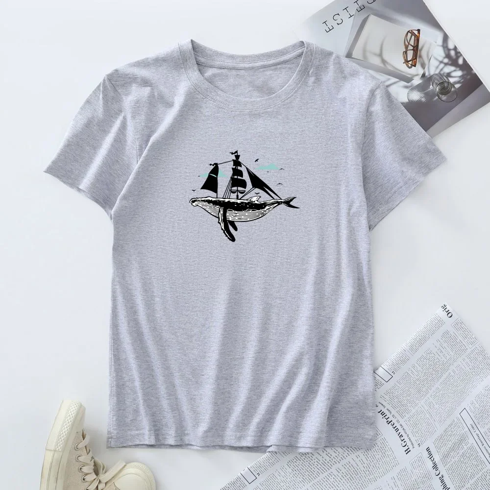 Plus Size T-shirt Women's Cotton Tees Summer Short Sleeve Tops Woman Clothing Female Tshirt Whale Sailboat Graphic T Shirts