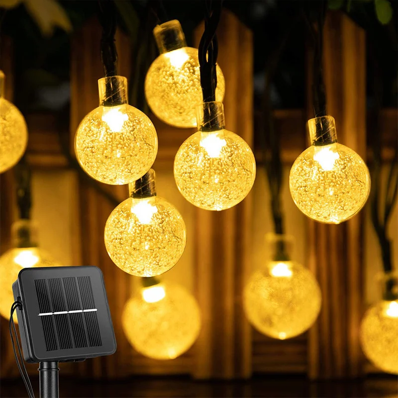 Solar String Lights para pátio, bola de cristal, luzes LED, ao ar livre, impermeável, Powered Pátio Light, Decorações de Natal, 220, 2023