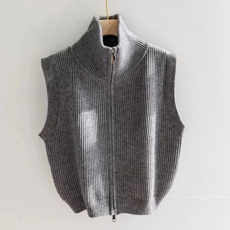 Slimming Knitted Vest High Collar Double Zipper Comfortable Simple Early Autumn New Style Versatile Base Shirt Tank Top