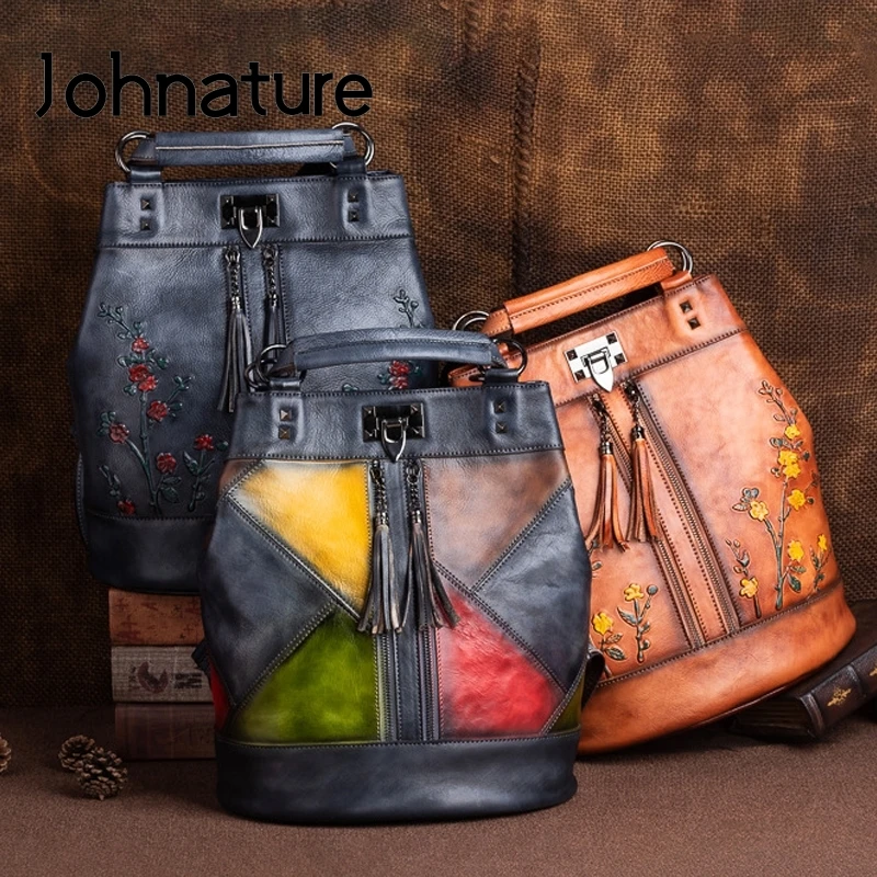 Johnature 2024 New Vintage Nature Cow Leather Women Backpack Travel Bag Large Capacity Handmade Embossed Female Shoulder Bags