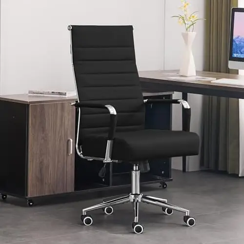 Office Desk Chair, Leather Conference Room Chairs with High Back,Wheels and Arms, Modern Ergonomic Ribbed Height