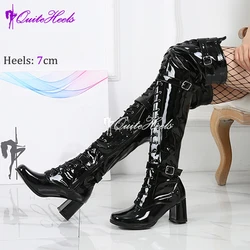 Big Size 46 Over Knee High Costumes 60s 70s Go Go Boots Stretch Shiny PU Ladies COSLAY Dress Gogo Party Dance Shoes