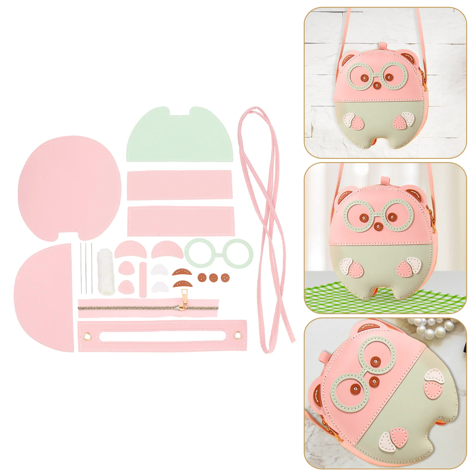 

1 set DIY Bear Bag Material Kit Cute Handmade Tote Pink PU Chain Accessories Craft Set for Kids Adult Beginner