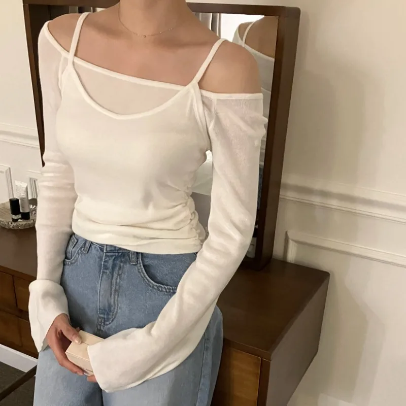 Slash Neck Off Shoulder Ropa Mujer Long Sleeve Roupas Femininas 2024 Woman Tops Autumn New Sweater Outerwears with Camis