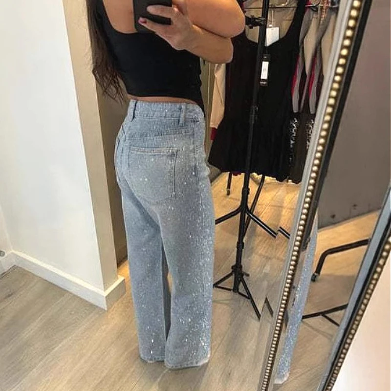 

Denim Pant Women Mom Jeans Long Pants Hot Drilling Slim Fit High Waist Straight Trousers Y2k Streetwear Splice Club Party 2025