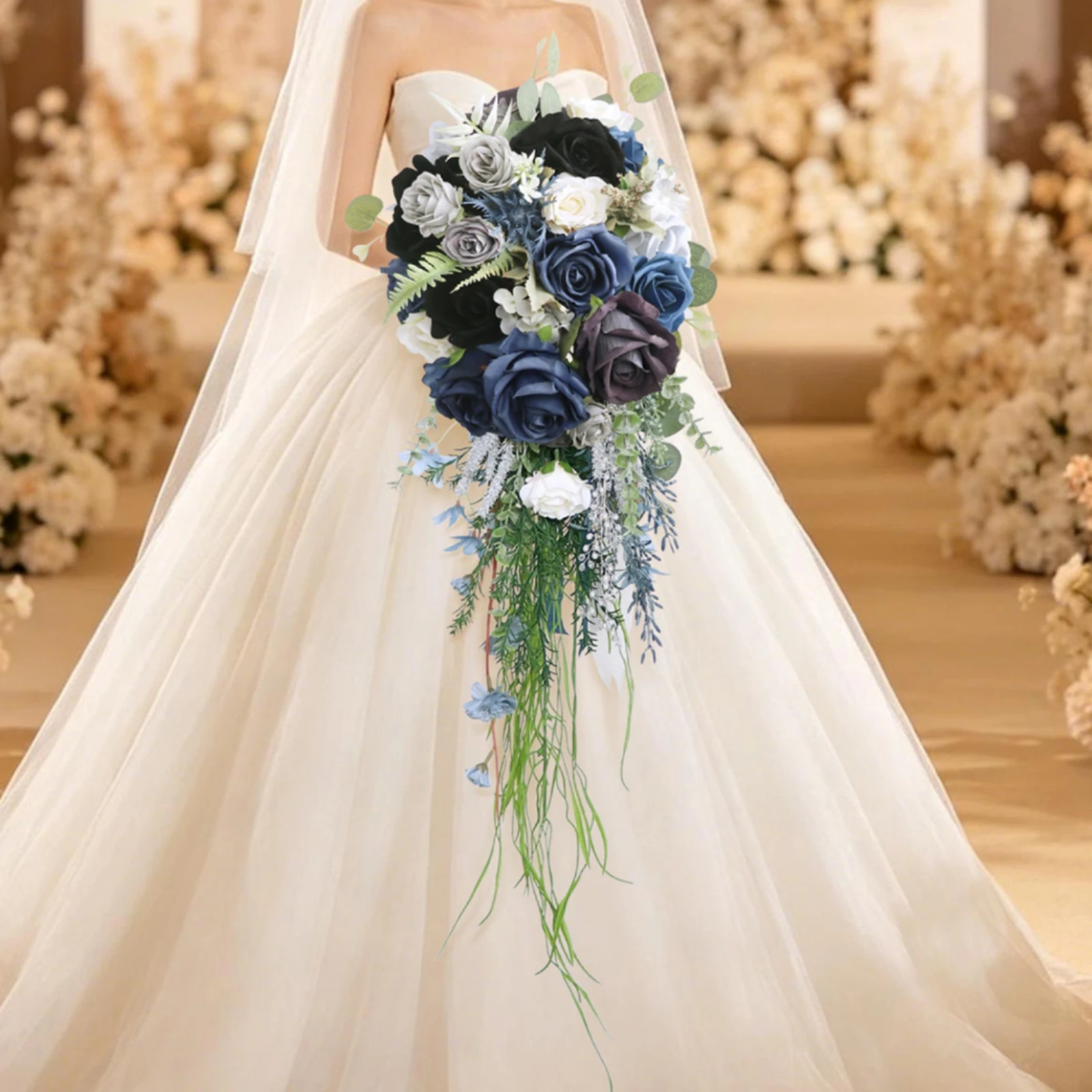 Cascading Bridal Bouquet Teardrop Artificial Rose Bouquet Trailing White for Brides, Weddings
