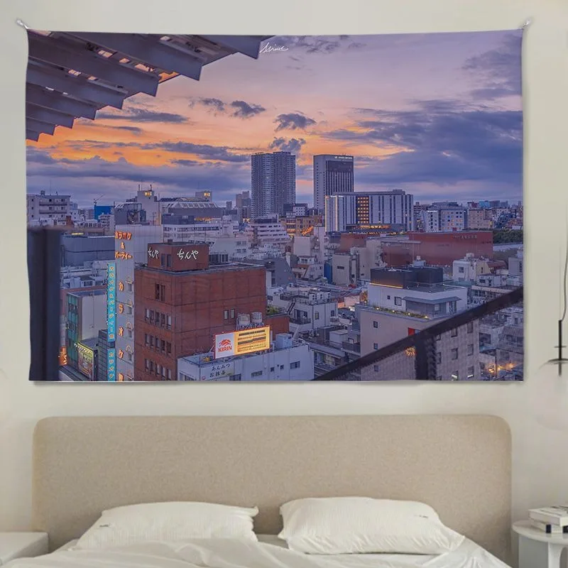 Urban Sunset Cityscape Tapestry, Aesthetic Tokyo View Wall Hanging for Bedroom Decor