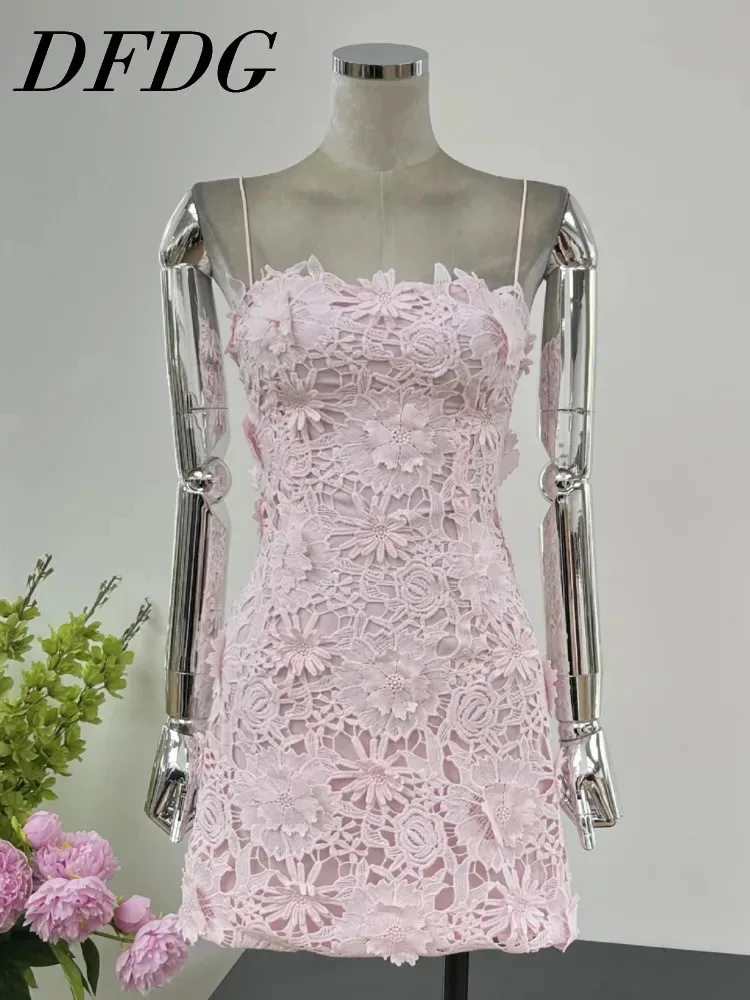 여성용 2025 봄 여름 우아한 레이스 크로셰 컷아웃 스트랩리스 드레스 소프트 핑크 파티 칵테일 가운 여성스러운 달콤한 드레스