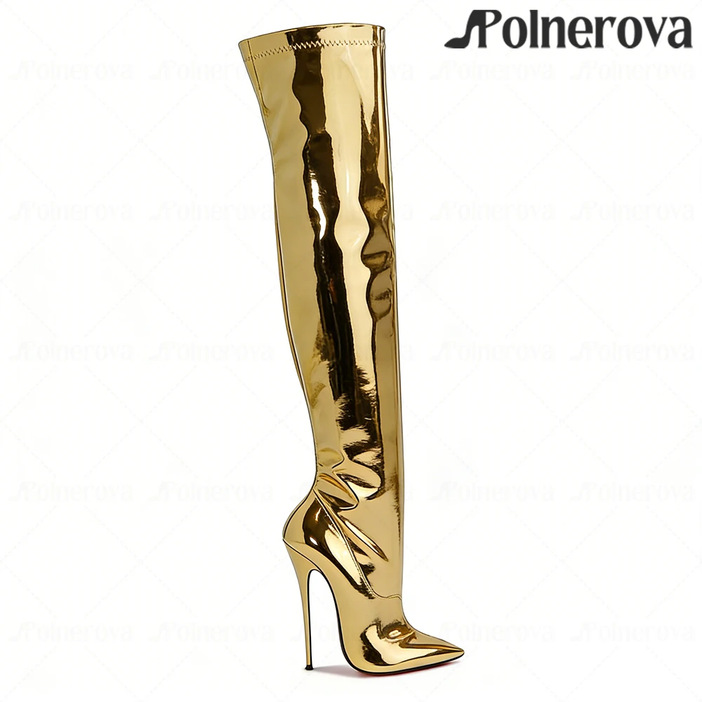16cm Lacquered Heel Patent Leather Over-the-Knee Boots Sexy Style Pointed Stiletto Boots Customizable Multi-color Handmade Shoes