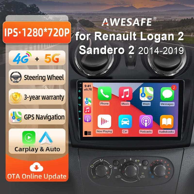 AWESAFE Radio Android de 9 pulgadas para Renault Logan 2 Sandero 2012-2019, CarPlay inalámbrico y Android Auto, navegación GPS, soporte multimedia, control del volante, amplificador de subwoofer, cámara trasera, Plug and Play, DAB+, autoradio digital, radio de coche 2 DIN, estéreo RDS DSP 1