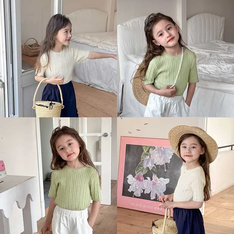 Middle-sized and small girls 2024 Korean version of medium-sleeved knit top children's niche five-point sleeve bottoming shirt