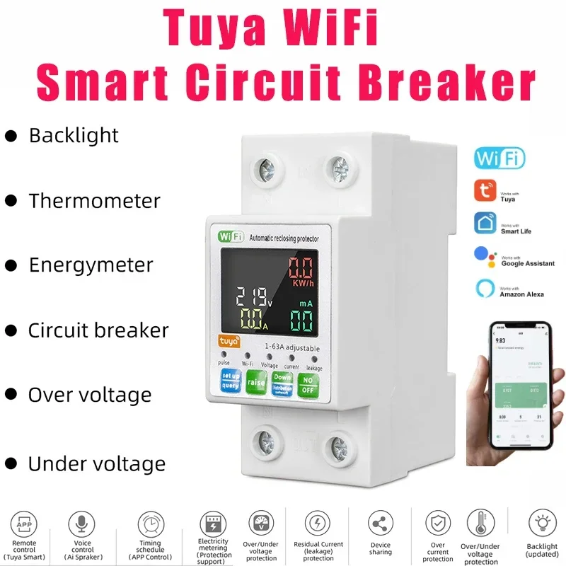 

Smart Circuit Switch Breaker 63A Tuya WiFi Smart Earth Leakage Over Under Voltage Protector Relay Device Energy Power kWh Meter