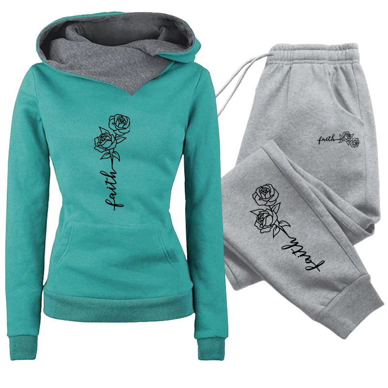 Herbst Winter Damen Alltags-Sportoutfit Damen-Set/Hoodie/Hose 2026 Faith Print Trainingsanzug Kapuzenpullover Jogginghose – Detail 2