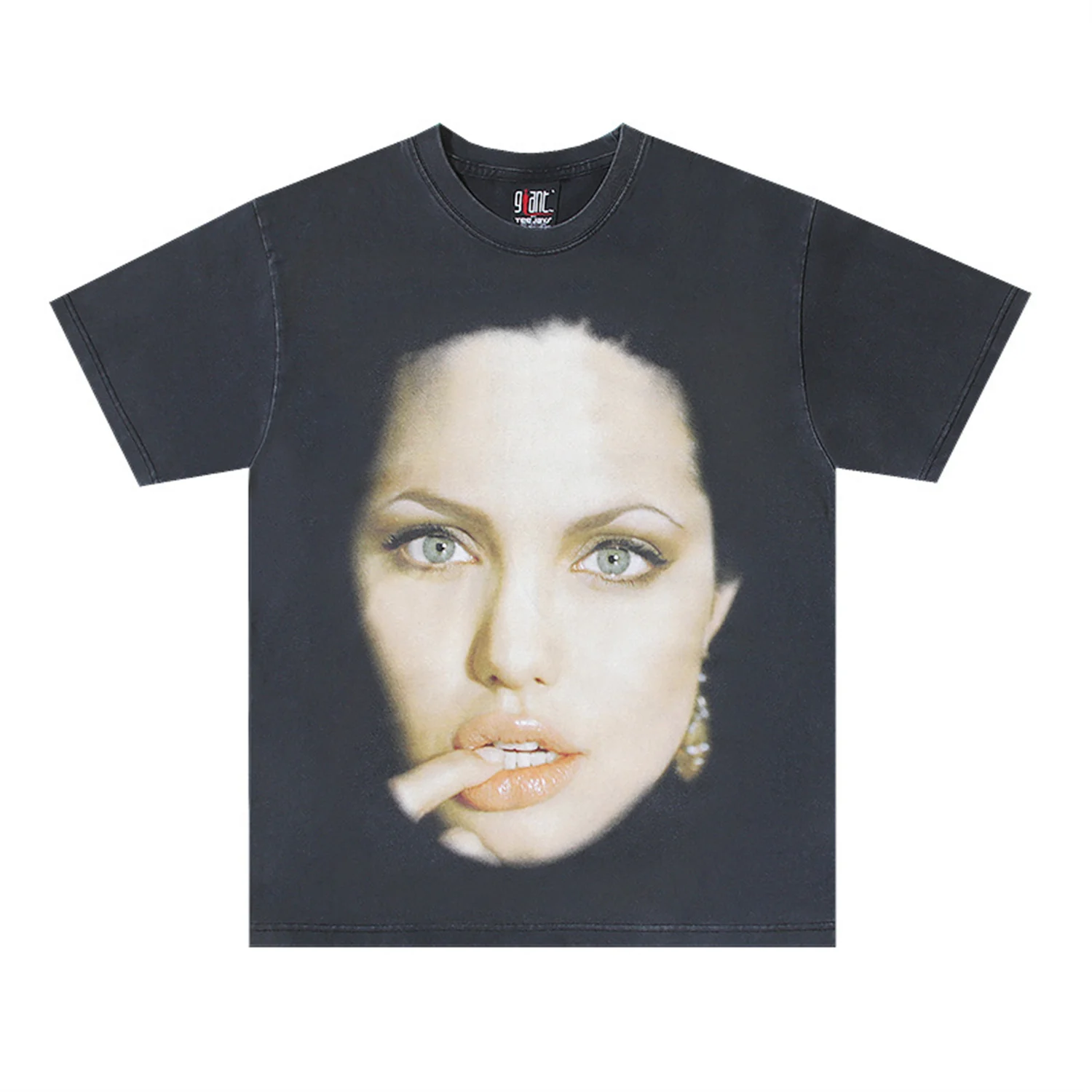 

Vintage New USA Movie Star Jolie Portrait Direct Print High-Street Casual Loose Cotton Quality Short Sleeve Tops T-Shirt For Men