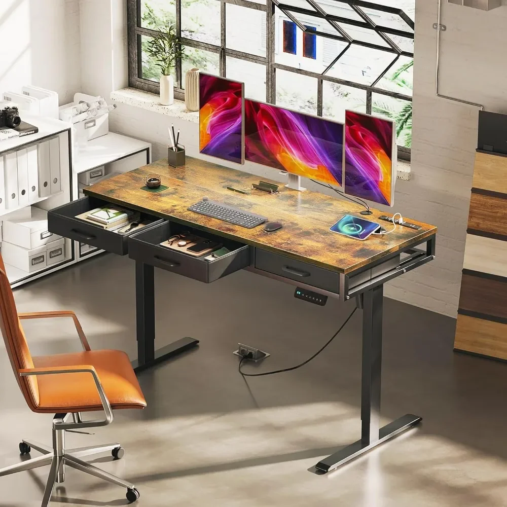 Electric Standing Desk with Drawers, 55 Inch Height Adjustable Desk with Power Outlets, Sit Stand Table