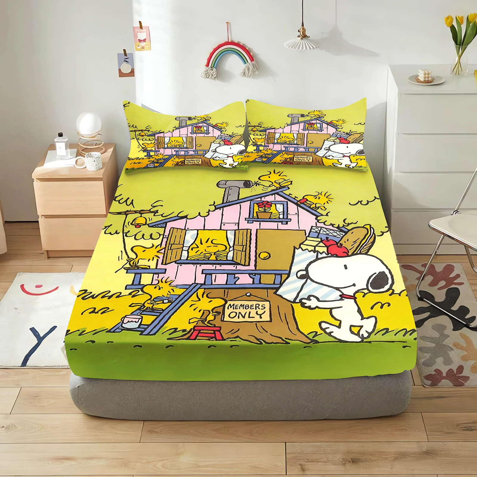 Snoopy conjunto de cama dos desenhos animados lençóis cabidos colcha feliz filhote de cachorro conjunto capa king size crianças impresso 100% poliéster