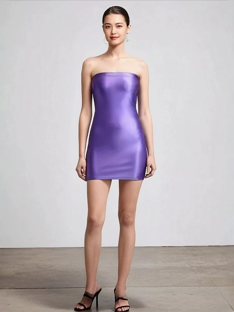 

Women's Sexy Shiny Metallic Strapless Tube Top Mini Bodycon Dress for Club Wear