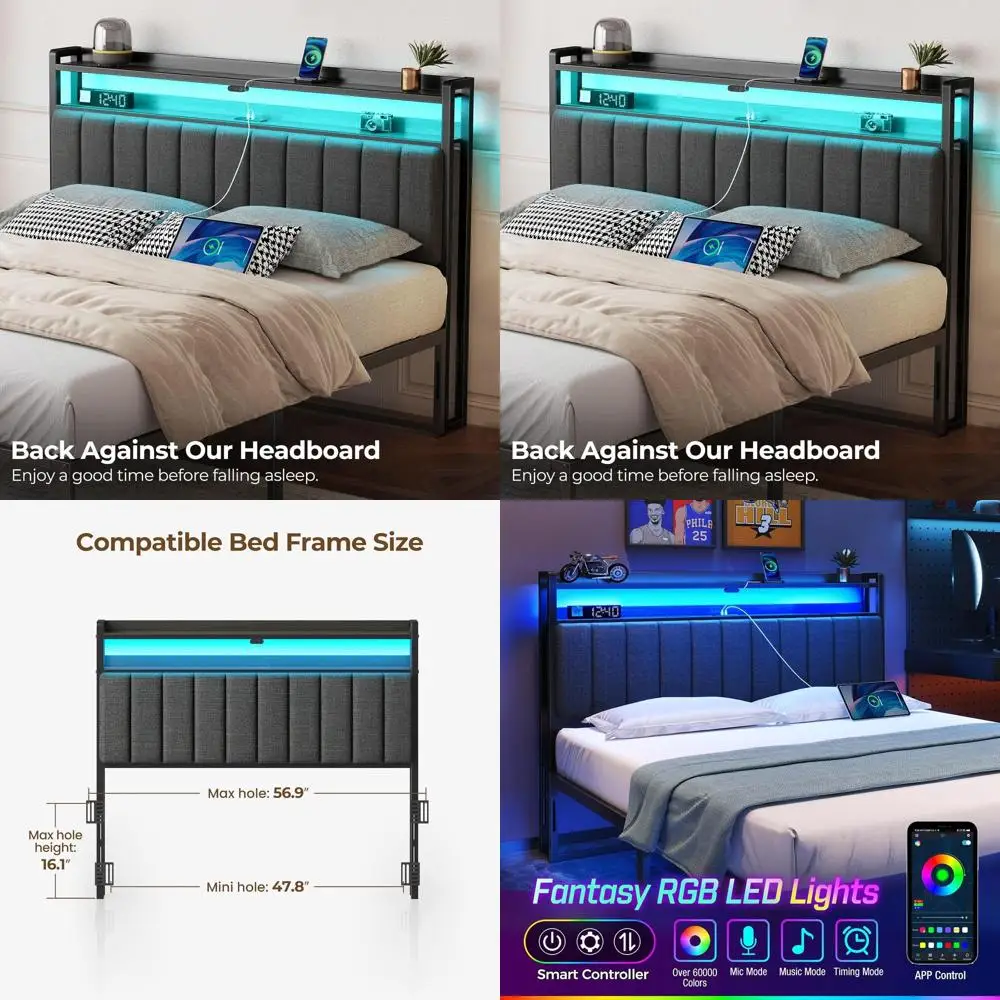 

Кровать с местом для хранения, регулируемой высотой, портами USB и Type-C, светодиодной подсветкой на 60 000 цветов, комфортным мягким изголовьем