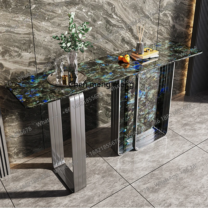 

light luxury natural marble entrance table stainless steel supercrystalline stone blue jadeite entrance table against the wall