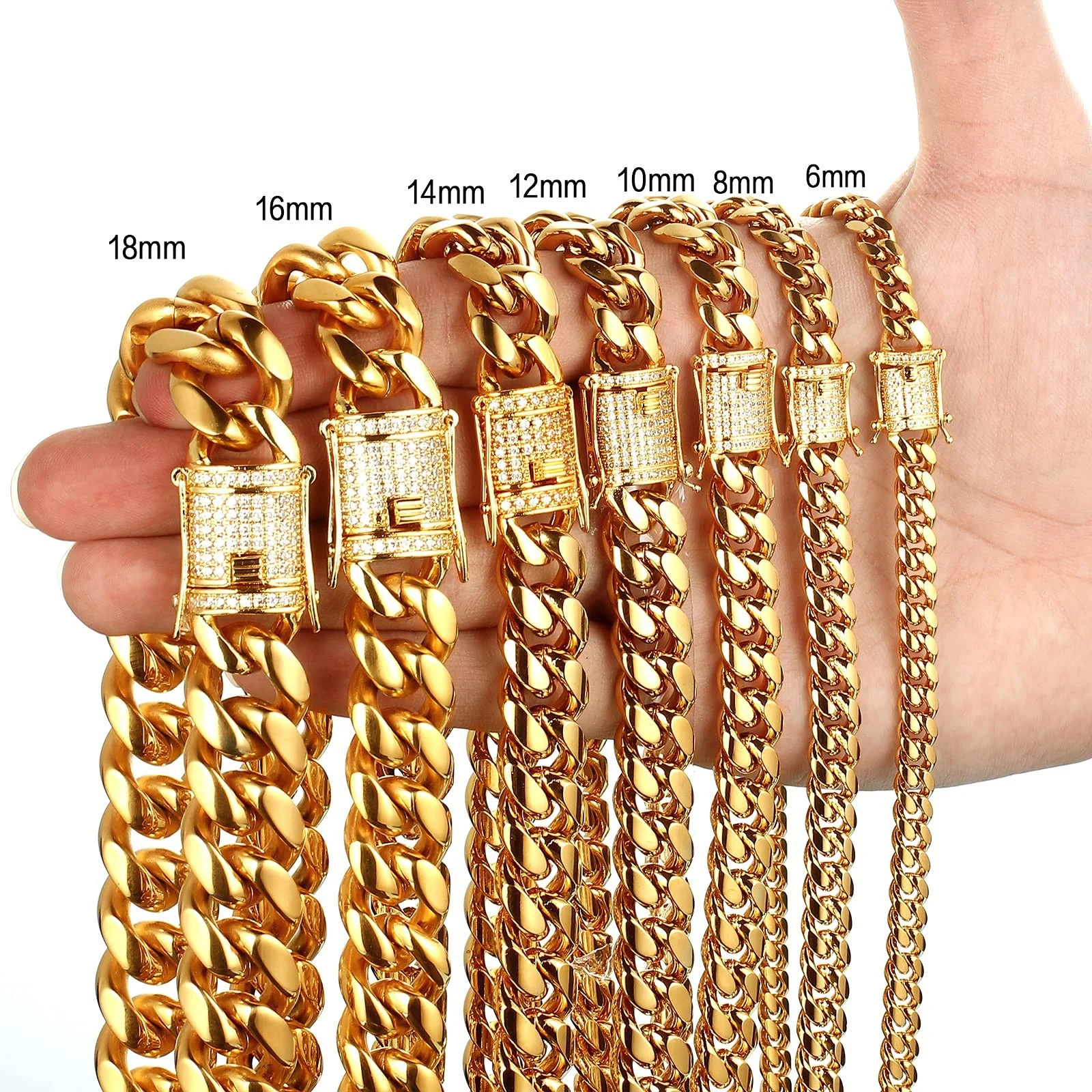 

Miami Hip Hop Cuban Link Chain 14K/18K Gold Plated Stainless Steel Zircon Chunky Necklace 6-18MM for Women Men Jewelry Gift