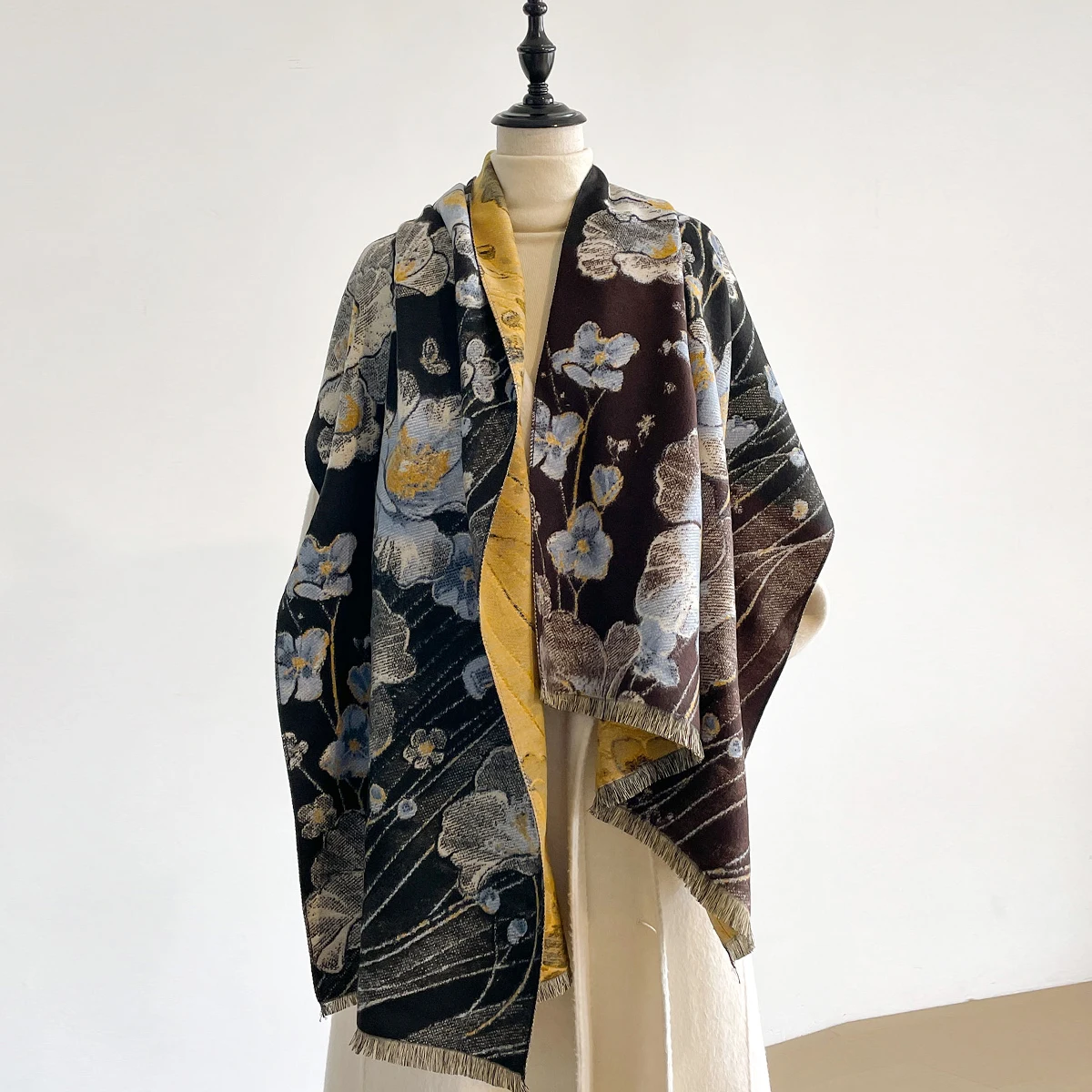 

НОВЫЙ роскошный зимний кашемировый шарф с цветочным принтом, женский теплый шарф из пашмины, шарфы-пончо, женская элегантная шаль Bufanda
