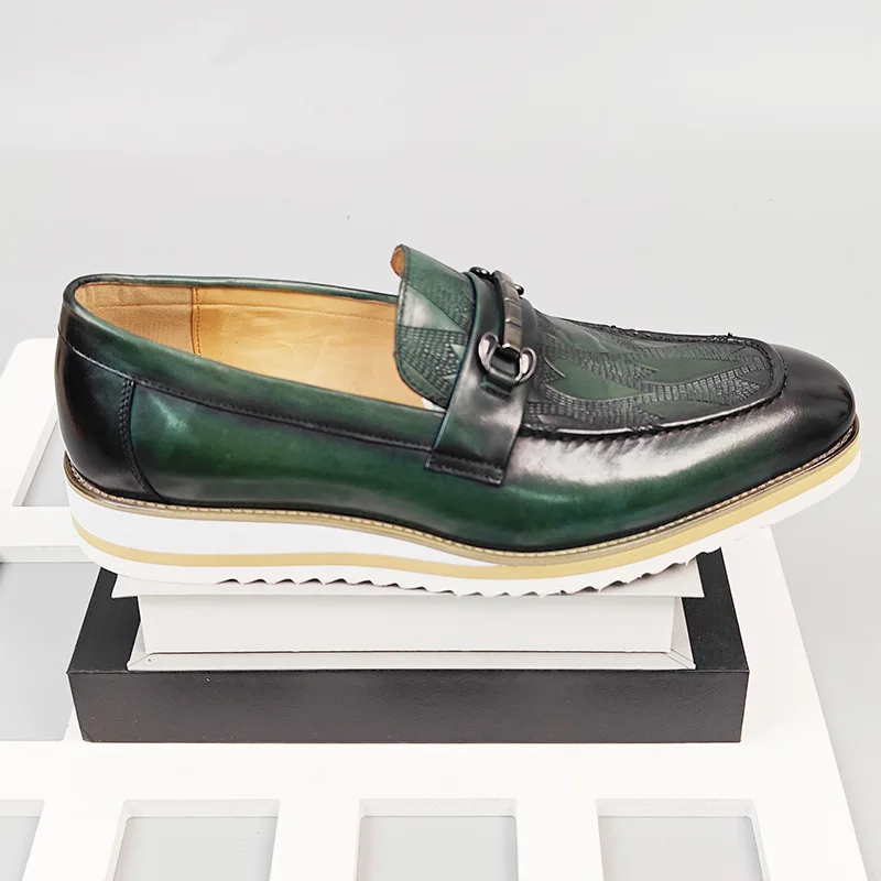 Men Dress Shoes Loafers Genuine Leather Shoes Business Wedding Party Shoes men Slip On Casual Green Shoes Office Formal shoes