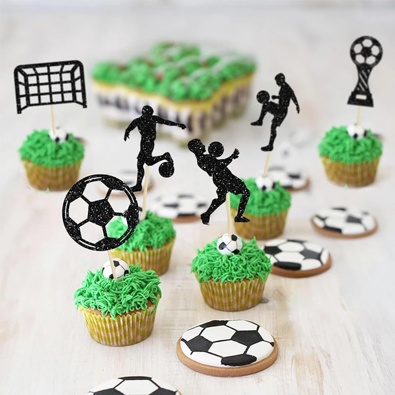 YOMDID 24 Stück Fußball-Cupcake-Topper, glitzernde Fußball-Kuchen-Dekoration, Sport-Cupcake-Picks, Fußball-Thema, Geburtstagskuchen-Topper – Detail 9