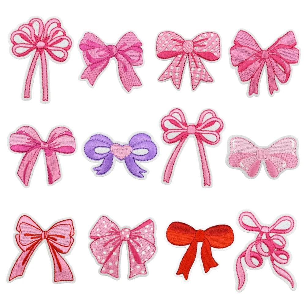 

12Pcs Pink Bow Series Iron on Adhesive Embroidered Patches For on Girl Clothes Hat Jeans Sticker decoration Coat Hat Applique