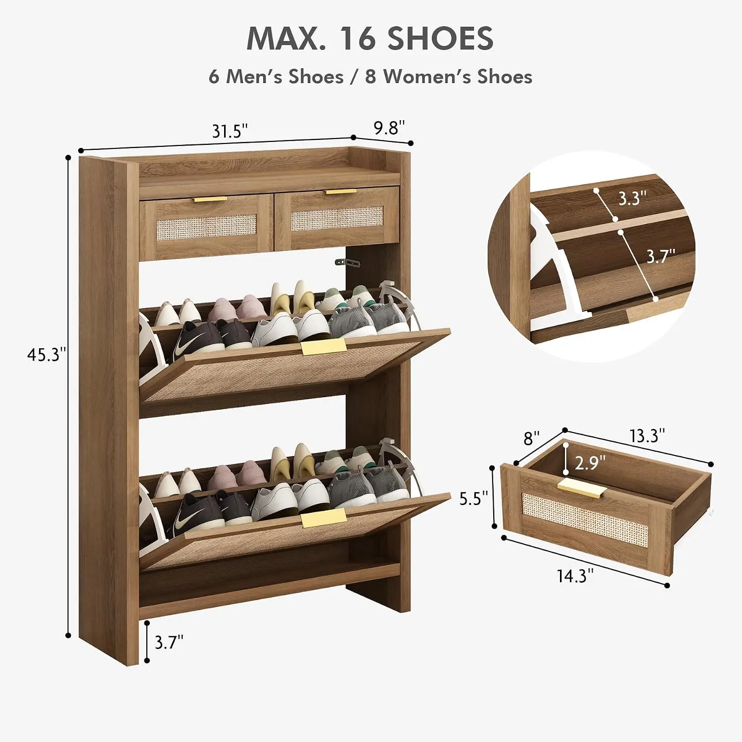 Slim Rattan Shoe Cabinet with Flip Drawers for Entryway Narrow Hallway Hidden Storage Organizer Oak 2 Doors, Customized
