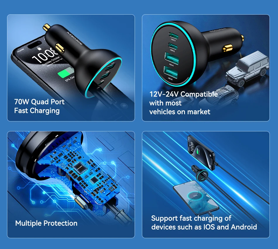 Rocoren 4-in-1 USB-C-Autoladegerät, 70 W, schnelles Aufladen, USB-Typ-C-Autoladegerät, PD QC4.0, Autoladegerät-Adapter für iPhone, Xiaomi, Samsung – Detail 2