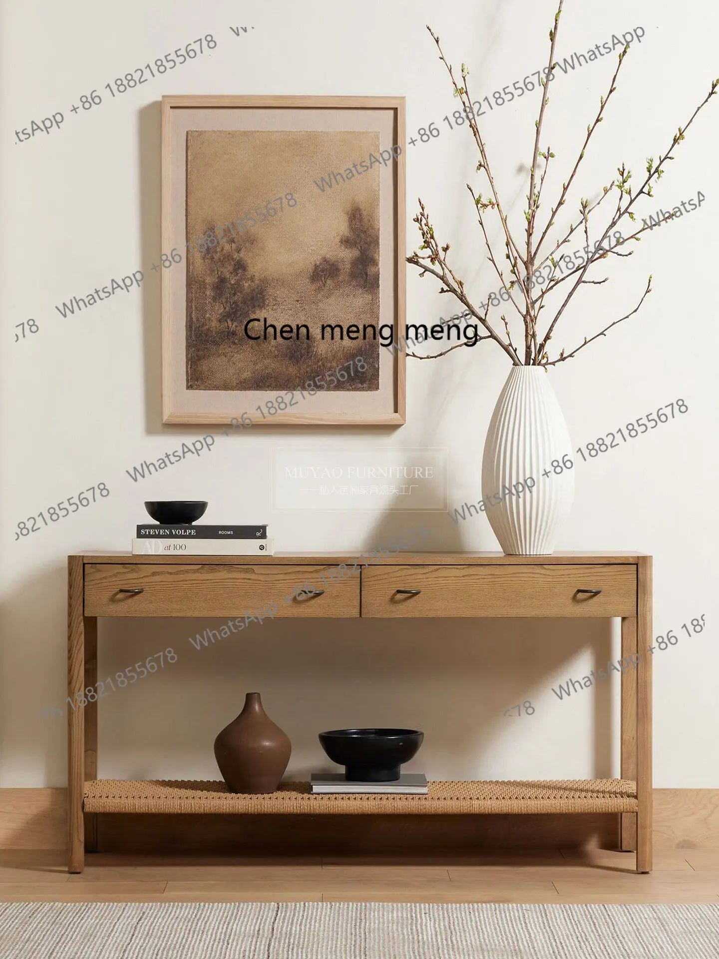 

American vintage rope console table, sofa back table, entrance hall, French black decorative table