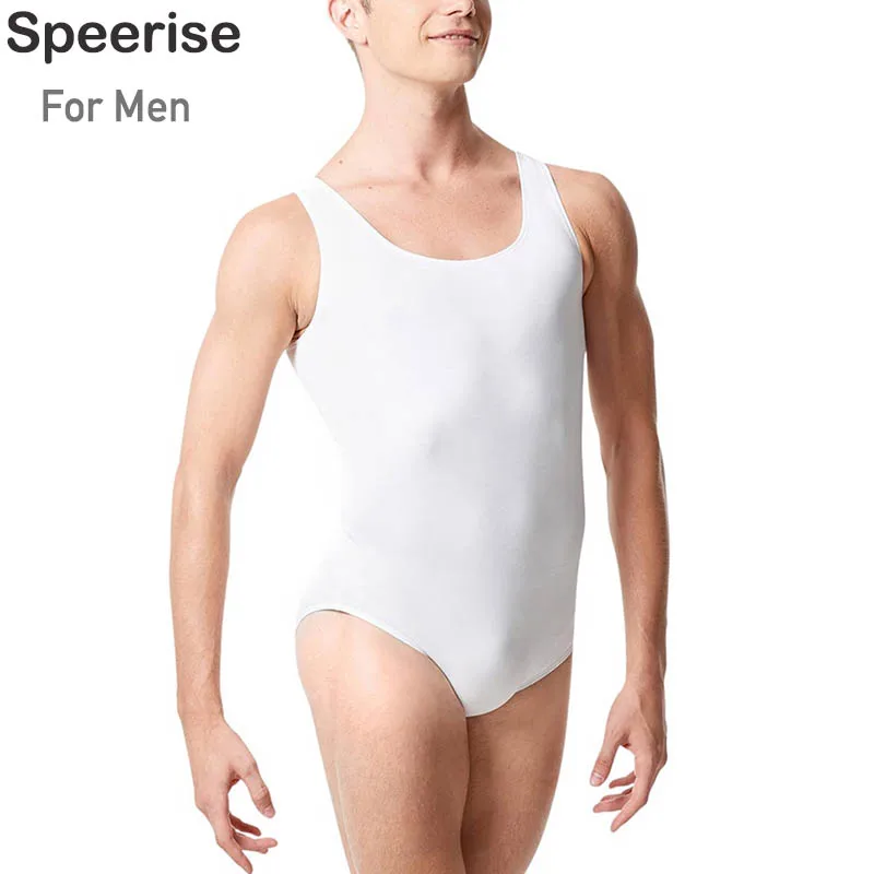 Speerise Men Nylon Plus Size Tank Leotard One Piece Tummy Control Sleeveless Leotard Spandex Dance Gymnastics Bodysuit White