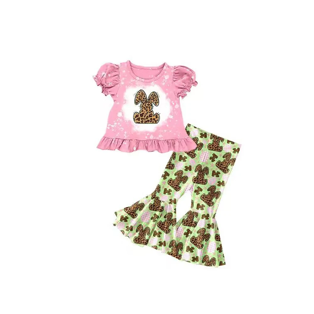 

Wholesale girls Easter rabbit clothes short sleeve leopard bunny print outfits kids Easter pajamas girls dresses baby rompers