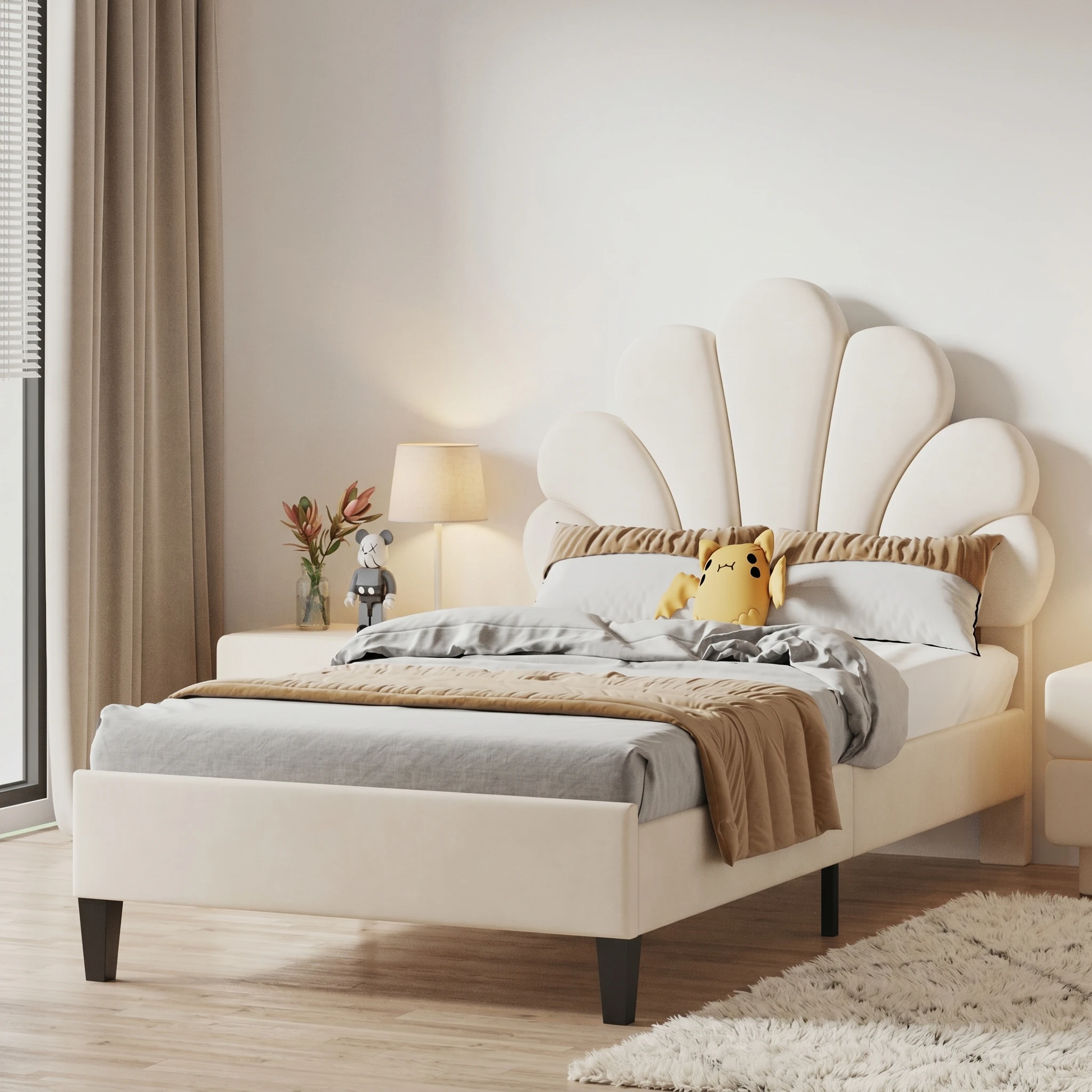 Superaly 90x200cm Einzelbett, Kinderbett, Polsterbett, Bettgestell mit Blumenförmigem Kopfteil, Samtstoff, Beige