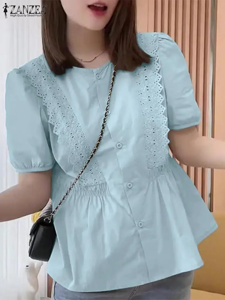 

Korean Fashion Buttons Blouses ZANZEA Women Lace Patchwork Tunics 2024 Summer Puff Short Sleeve Shirts Office Waist A-line Tops