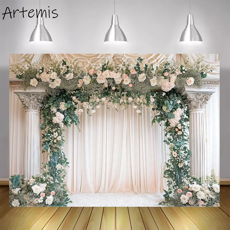 Floral And Greenery Arch Spring Photography Backdrop Lace Curtains Sacred Wedding Baby Birthday Portrait Background Photo Studio