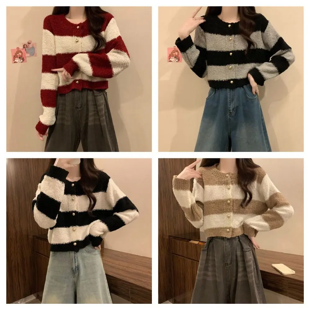 Милый вязаный топ в полоску Y2K, свободный вязаный крючком трикотаж с длинными рукавами, пальто, свитер, куртка, кардиганы, женский офис