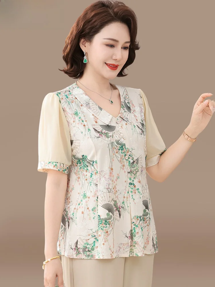 

New Chinese Sle Summer Outfit for Middle-Aged Women ort Sve Chiffon Top And Bot Set Faionable Loose Fit Polyester...