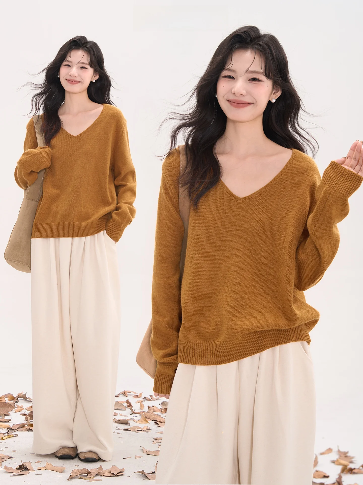 

Вязаный шерстяной свитер Heme 0 с глубоким V-образным вырезом, повседневный, в расслабленном стиле, весна-осень, женский, модный, для работы, с длинными рукавами, топ