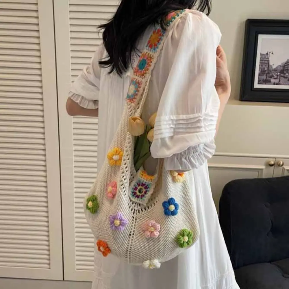 

Simple Hollow Out Flower Knitting Bag Tote Bag Beach Handbag Beach Bag Large Capacity Bohemian Style Hollow Shoulder Bag Girls
