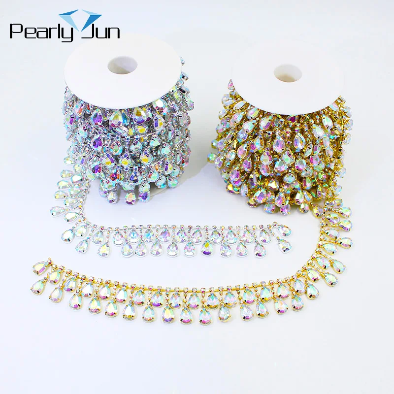 1/5 Yards AB Color Acrylic Crystal Water Drop Pendant Metal Chain Rhinestone Trim for Curtain Clothing Bag DIY Decoration ML148