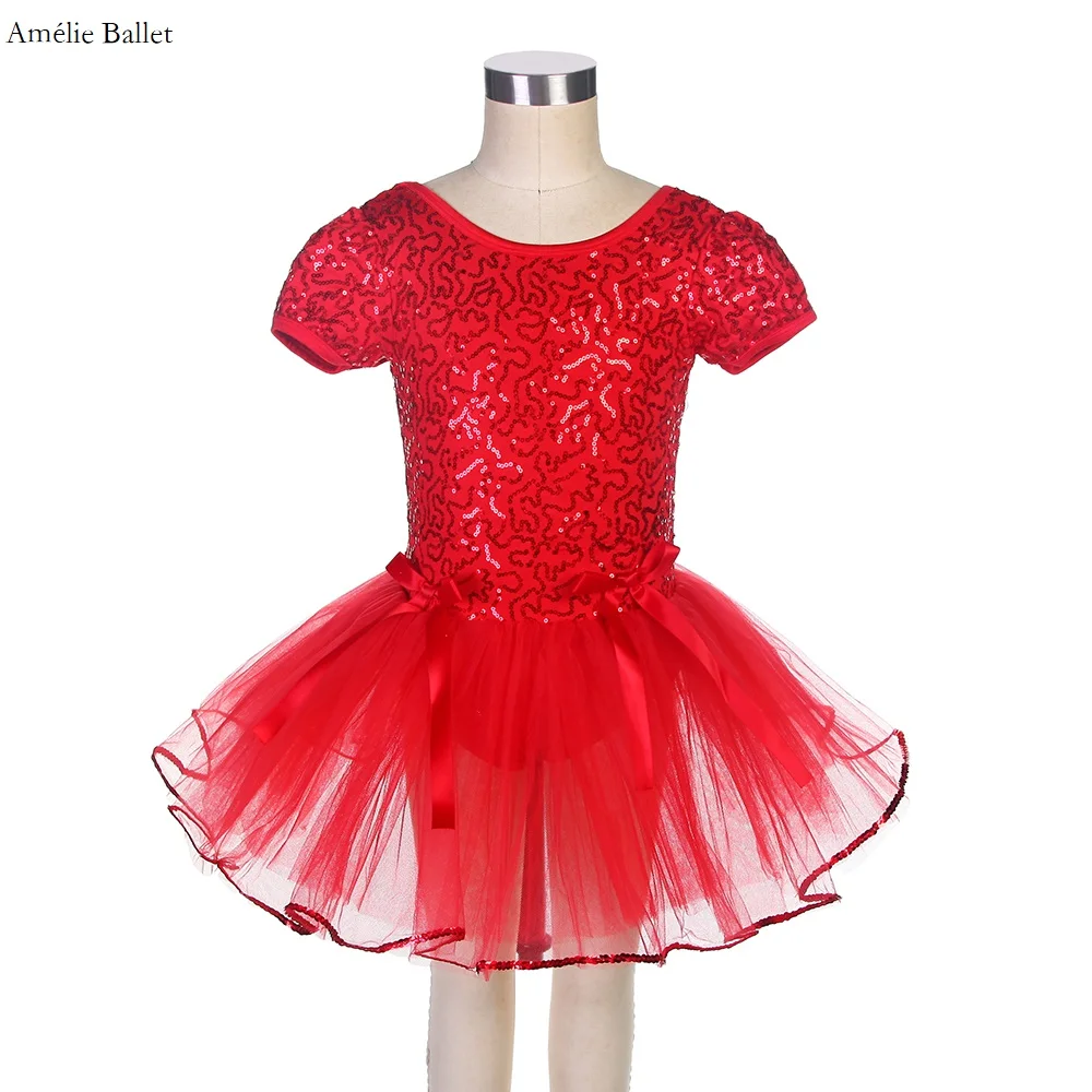 

15247 New Arrival Short Puff Sleeves Red Sequin Bodice Kid Ballet Dance Costumes Child Stage Performance Ballet Dance Tutu