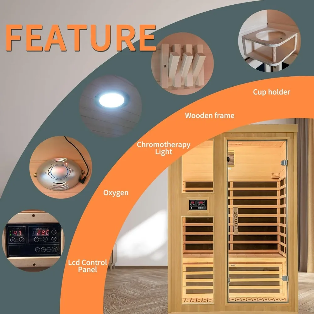 2 Person Far Infrared Indoor Sauna Room,1850w Carbon Canadian Hemlock Wooden Dry Sauna with Dual Control Panel-MP3 Controller