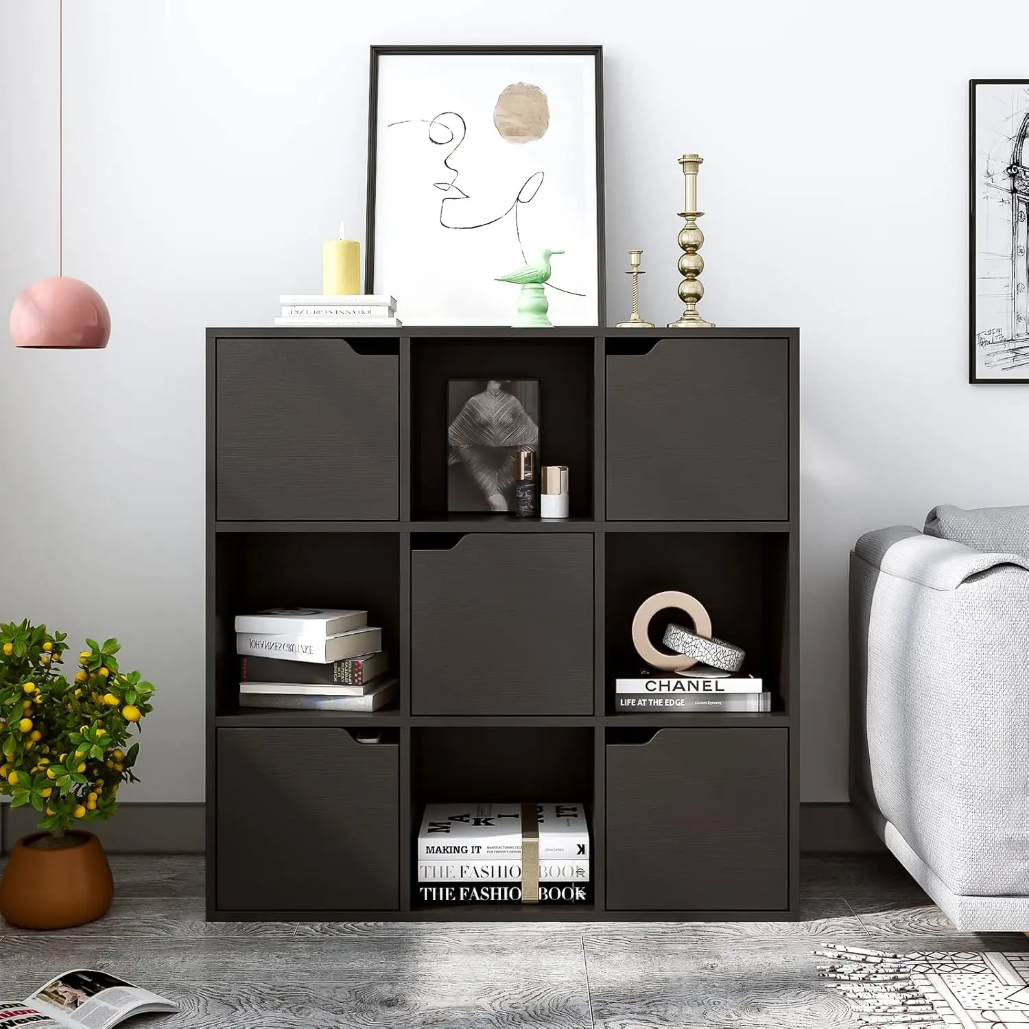 Storage Shelf Bookcase - Wooden 3-Tier Floor Standing Open Bookshelf with Doors for Home and Office, Display Cabinet, Black