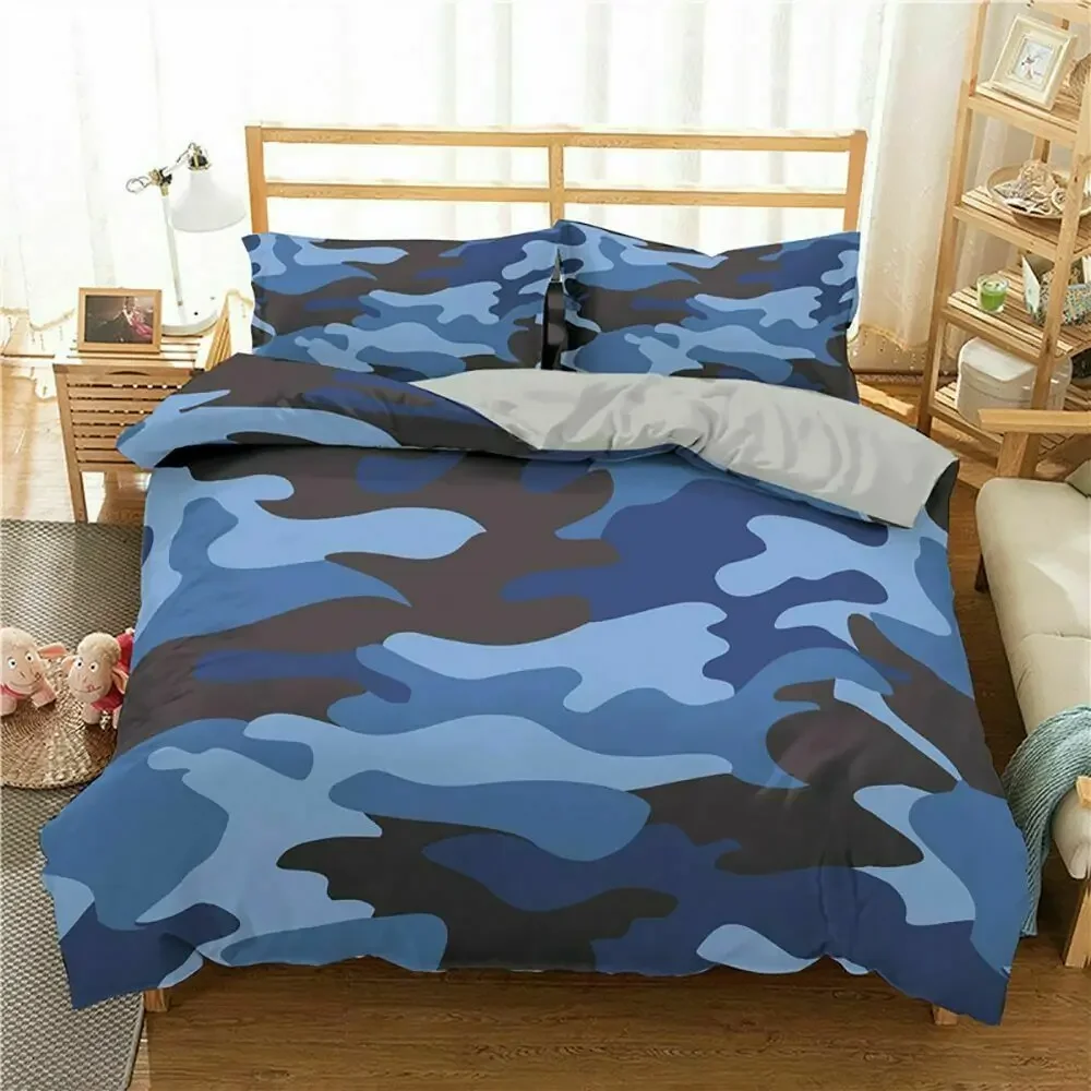 Camouflage Duvet Cover Set King Size Army Camo Bedding Set 3pcs for Teens,Dark Blue Print Comforter Cover with 2 Pillowcases