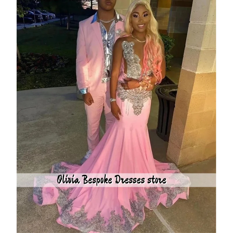 الوردي الفاخرة فساتين حفلة موسيقية طويلة للفتيات السود بلورات النساء فساتين حفلات أعياد الميلاد ثوب مسائي أفريقي رداء دي مخصص