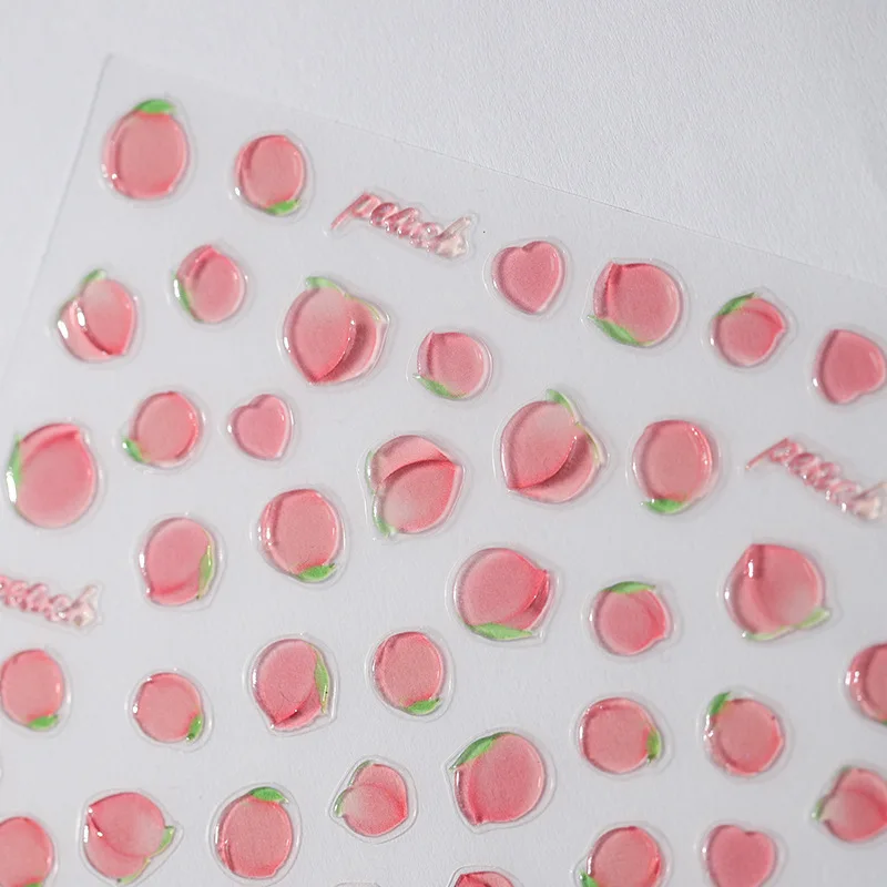 Pink Translucent Peach Jelly Texture 5D Soft Embossed Reliefs Self Adhesive Nail Art Stickers Cute Fruits 3D Manicure Decals