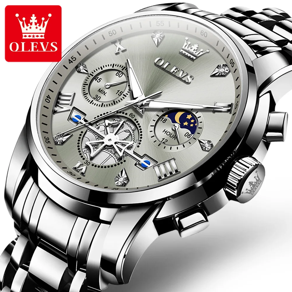 OLEVS 2024 Trend Fashion Men\'s Watches Classic Multifunctional Flywheel Design Stainless steel Waterproof Moon Phase Wristwatch