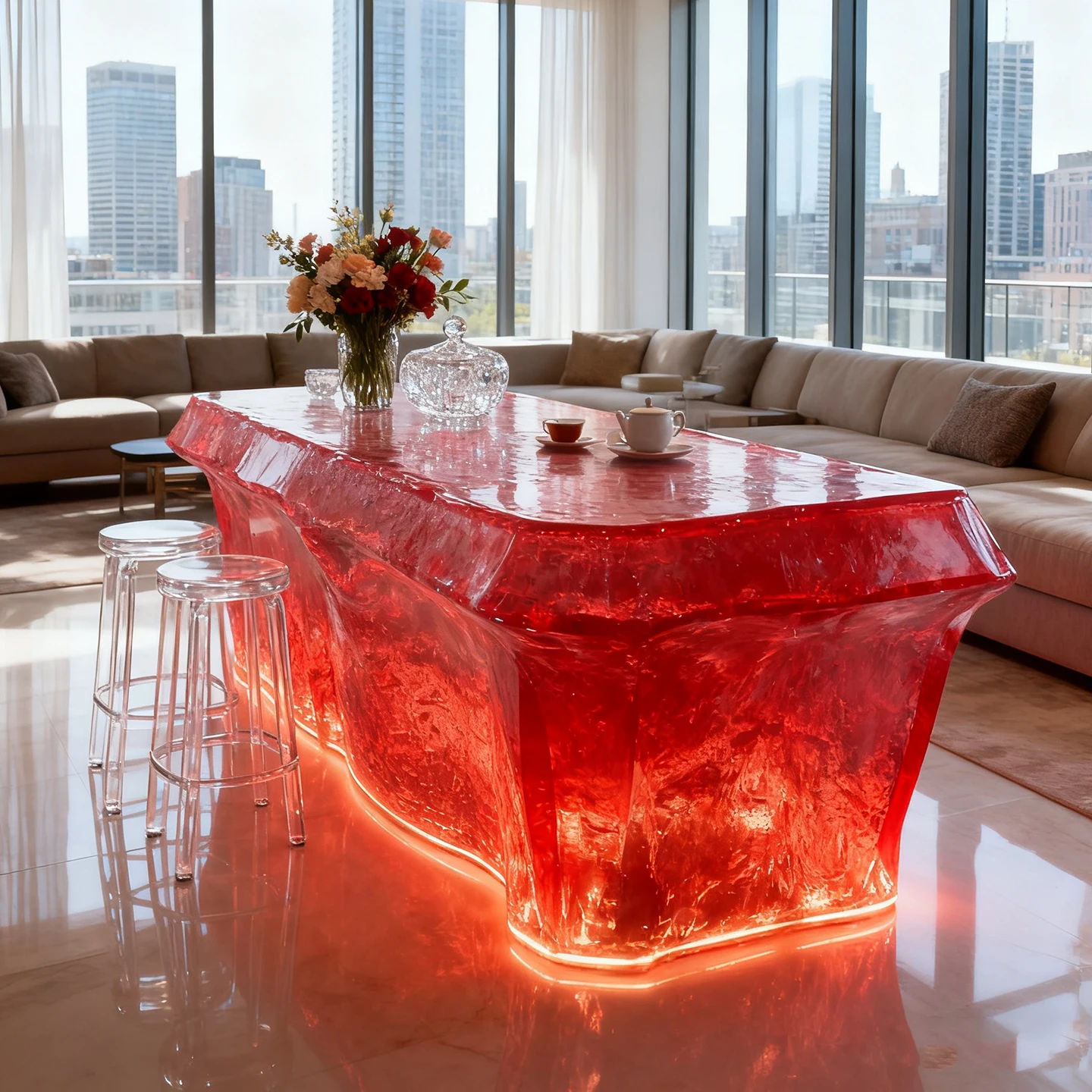 *Transparent Resin Contemporary Modern Glacier Bar Table Hotel Living Room Home Red Dining Table High-End Illuminated Kitchen